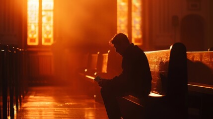 A solitary figure kneeling at the altar, hands folded in prayer over the Bible, seeking guidance and solace in a moment of quiet reflection.