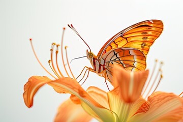 Fototapeta premium Mystic portrait of Julia Butterfly on flower in studio, copy space on right side, Headshot, Close-up View, 