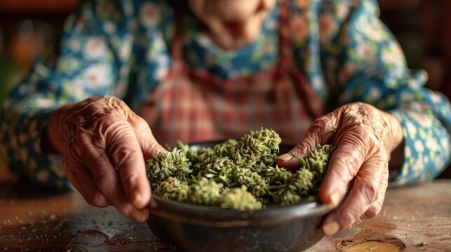 A woman is holding a bowl of marijuana