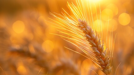 golden wheat stalk, golden ears of wheat in an agricultural field at sunset