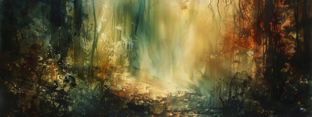 Mystical Forest Scene in Autumn Hues
