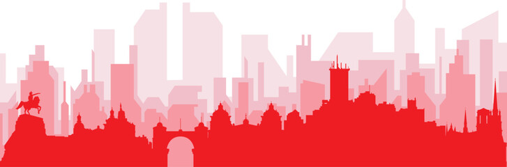 Fototapeta premium Red panoramic city skyline poster with reddish misty transparent background buildings of CORDOBA, ARGENTINA