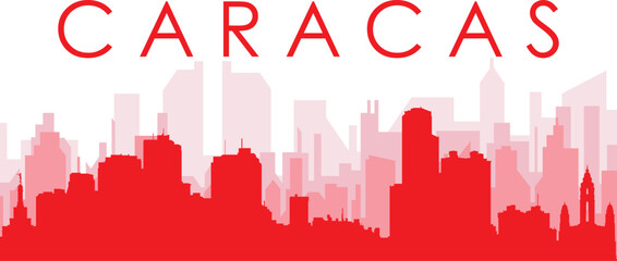 Red panoramic city skyline poster with reddish misty transparent background buildings of CARACAS, VENEZUELA