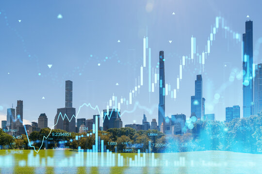 Manhattan cityscape with futuristic hologram graphs overlaid, blue tones, on a clear day. Double exposure