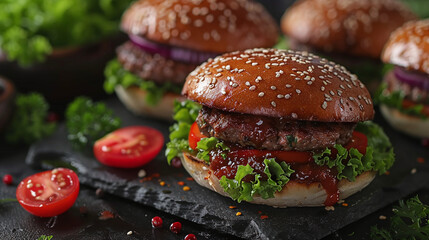 Plant-Based Harvest: Appetizing Product Photography of Vegan Burgers with Plant-Based Wheat Patty on Stone Plates