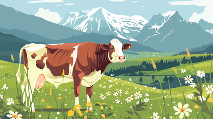 Cow in the alpine meadow Flat vector isolated on white - obrazy, fototapety, plakaty