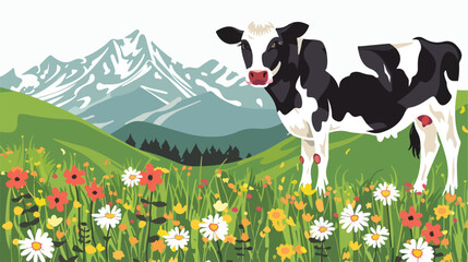 Cow in the alpine meadow Flat vector isolated on white - obrazy, fototapety, plakaty