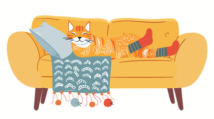 Cozy home day with cat on couch wearing knitted socks