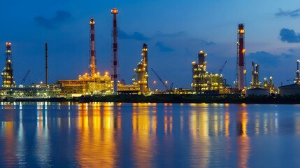 Obraz premium An oil factory at night with the sea. shows various parts of the industrial complex such as tanks, towers, pipes, and buildings. modern technology in the oil and gas industry. 