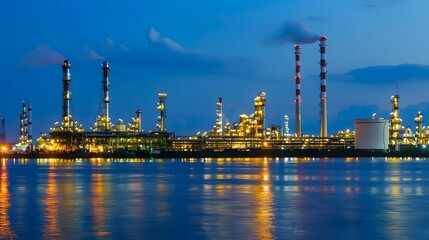 Obraz premium An oil factory at night with the sea. shows various parts of the industrial complex such as tanks, towers, pipes, and buildings. modern technology in the oil and gas industry. 