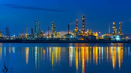 Fototapeta premium An oil factory at night with the sea. shows various parts of the industrial complex such as tanks, towers, pipes, and buildings. modern technology in the oil and gas industry. 