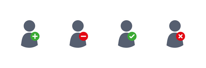 Account user icon profile default avatar icon set with plus, minus, tick, cross marks transparent background.