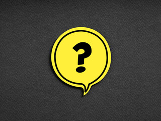 Question mark symbol on yellow speech bubble on black background. Problem, solution, query or...
