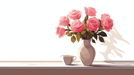 A vase of pink roses placed on a sunny windowsill