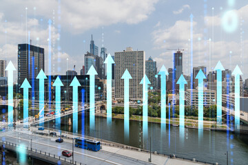 Philadelphia skyline with holographic arrows and binary code overlay. Photographic cityscape with digital elements on daylight background. Technology and urban growth concept. Double exposure