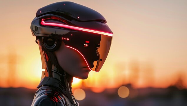 Futuristic Robot with Glowing Red Lights at Sunset