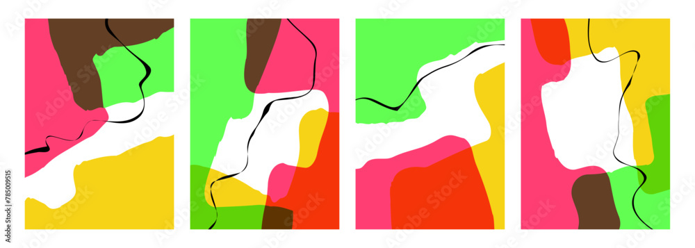 Poster Set of abstract backgrounds with various curved bright colored shapes and black wavy lines for creative graphic design. Vector illustration.