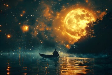Midnight Symphony: A Solo Voyage Under a Celestial Glow. Concept Nighttime Photography, Starry Sky, Solo Journey, Celestial Beauty, Adventure Challenge - obrazy, fototapety, plakaty
