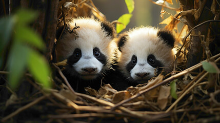 Fuzzy panda cubs cuddling in a bamboo forest, their black and white fur creating a picture-perfect moment of endearing wildlife charm. - obrazy, fototapety, plakaty