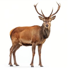 A solitary stag with impressive antlers stands confidently, isolated on a white background, evoking themes of nature and wildlife.