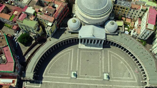 Italian european city town Naples high and wide angle panorama view from drone of the square Plazza del plebiscito with scenery cinematic style