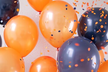 Closeup of orange and navy blue balloons with confetti against pastel background. Party decorations. A festive atmosphere. Helium. Inflated. Celebration. Birthday banner. Decoration. Balloon. Holiday