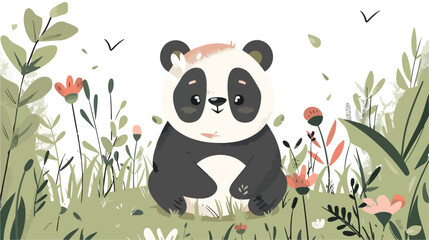 Cute bear panda in the field woodland character Flat