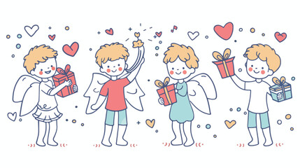 Love angels. Cute cupid boys with presents and gifts.
