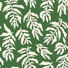 Minimal tropic leaves seamless pattern. Green stylized geometric tropical foliage. Abstract floral repeat background with hand drawn leaves in minimalistic style. Summer vector print, textile design. - 785011144
