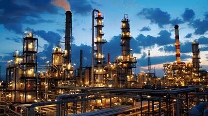 A large oil and gas complex at dusk, illuminated by the soft glow of industrial lights against a backdrop of blue sky with white clouds. showcasing modern industry during twilight.