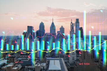 Philadelphia skyline with digital holographic financial graphs overlaid on it, representing a...
