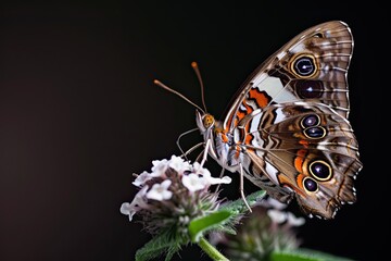 Mystic portrait of Purple Emperor Butterfly on flower in studio, copy space on right side,...