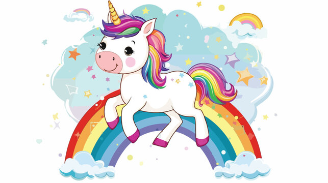 Cute cartoon character unicorn on a rainbow. Vector illustration