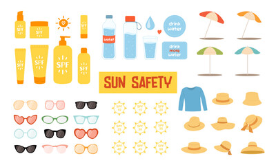 Big set of sun and beach vector design elements isolated on white background. Flat cartoon clip arts of various different sunscreens, sun hats, sunglasses, beach umbrellas, water bottles and spf
