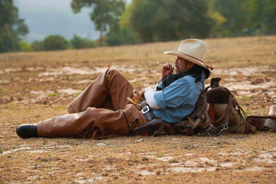 mexican cowboy Relax in the middle of the cattle fields