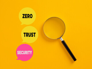 Zero trust security message on speech bubbles with a magnifying glass.