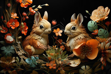 Energetic squirrel siblings chasing each other among the trees and flowers of a garden, creating a lively and charming scene. - obrazy, fototapety, plakaty