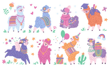Naklejka premium Set of colorful cute llamas, alpacas with different decorations, cartoon vector Llama alpaca unicorn, flowers, hearts