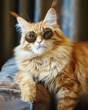 red Maine Coon cat in sunglasses