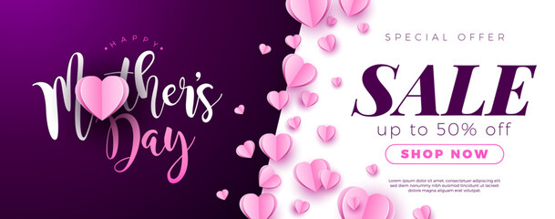 Mother's Day Sale Banner Design with Paper Hearts and Typography Lettering on Violette Background. Vector Seasonal Discount Offer Illustration with Text Label for Voucher, Online Ads, Flyer