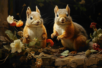 Energetic squirrel siblings chasing each other among the trees and flowers of a garden, creating a lively and charming scene.