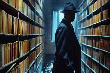 silhouette of a man secret agent spy in hat in library - obrazy, fototapety, plakaty