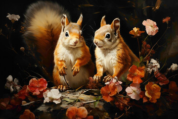 Energetic squirrel siblings chasing each other among the trees and flowers of a garden, creating a lively and charming scene. - obrazy, fototapety, plakaty