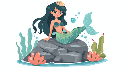 Cute cartoon mermaid sitting on the rock in the sea illustration