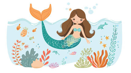 Cute cartoon mermaid under ocean vector illustration.
