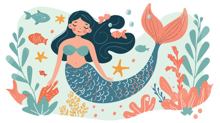 Fototapeta na wymiar Cute cartoon mermaid under ocean vector illustration.