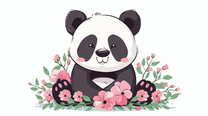 Cute Cartoon Panda with flowers on a white background
