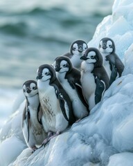 A group of a bunch of penguins sitting on top of some ice. Generative AI.