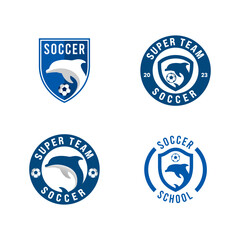 An Blue color soccer logo featuring a dolphin enclosed within a shield and circular emblem. This design offers a dynamic emblem, perfect for soccer teams or clubs. © Angon_Graphic