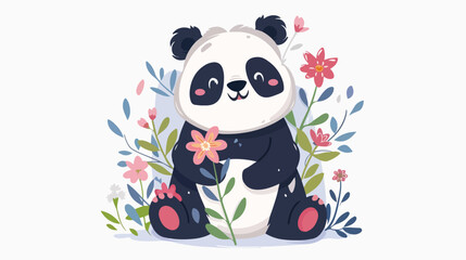 Cute Cartoon Panda with flowers on a white background